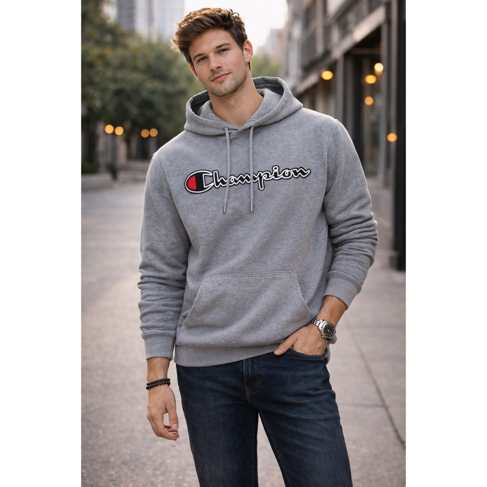 Champion Pullover Hoodie Gray Script Logo Embroidered Fleece Men's Size Small